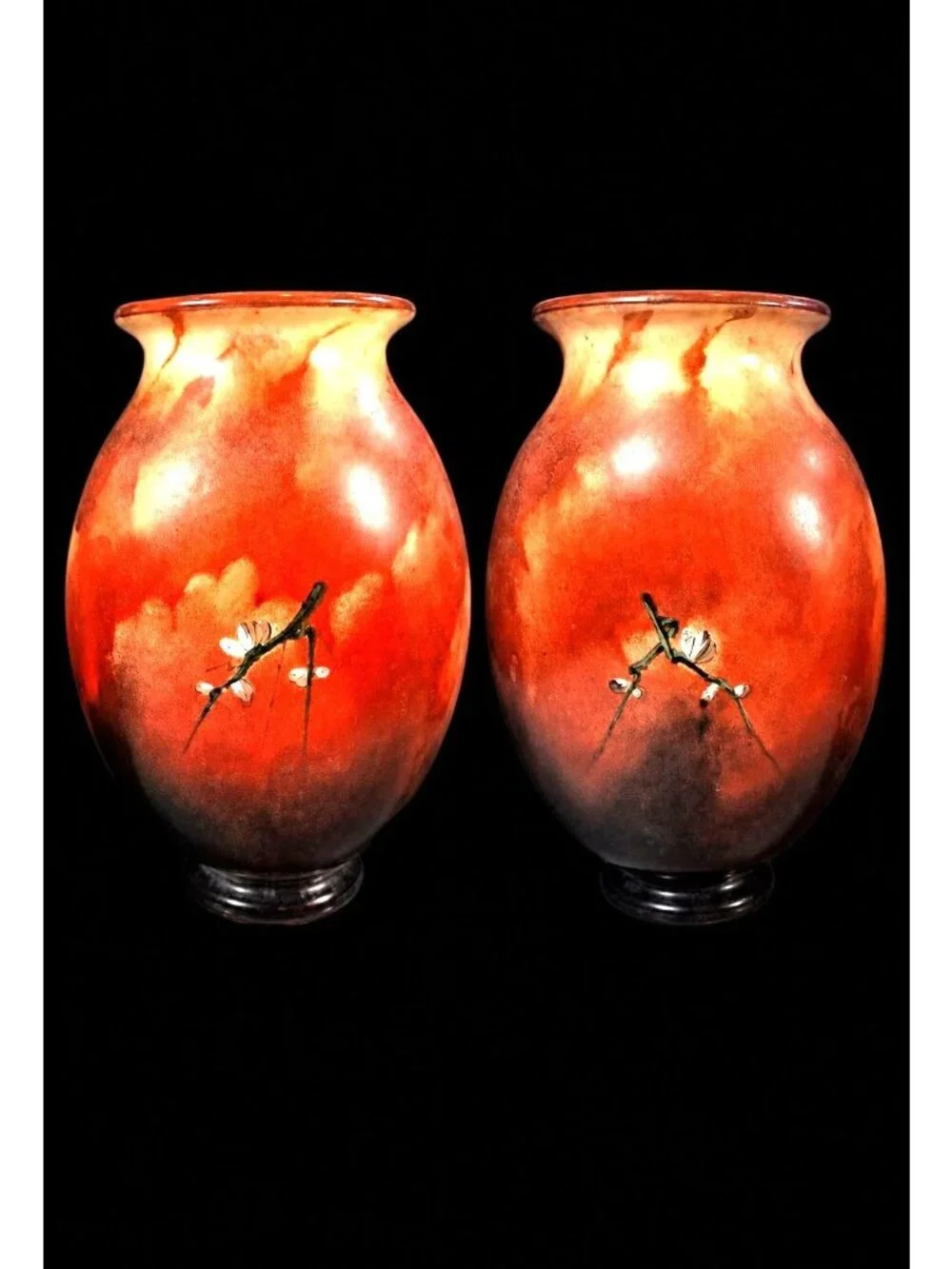 Antique Baccarat Daum Galle Opaline Art  Glass Vase Set Love Bird Apple Blossom